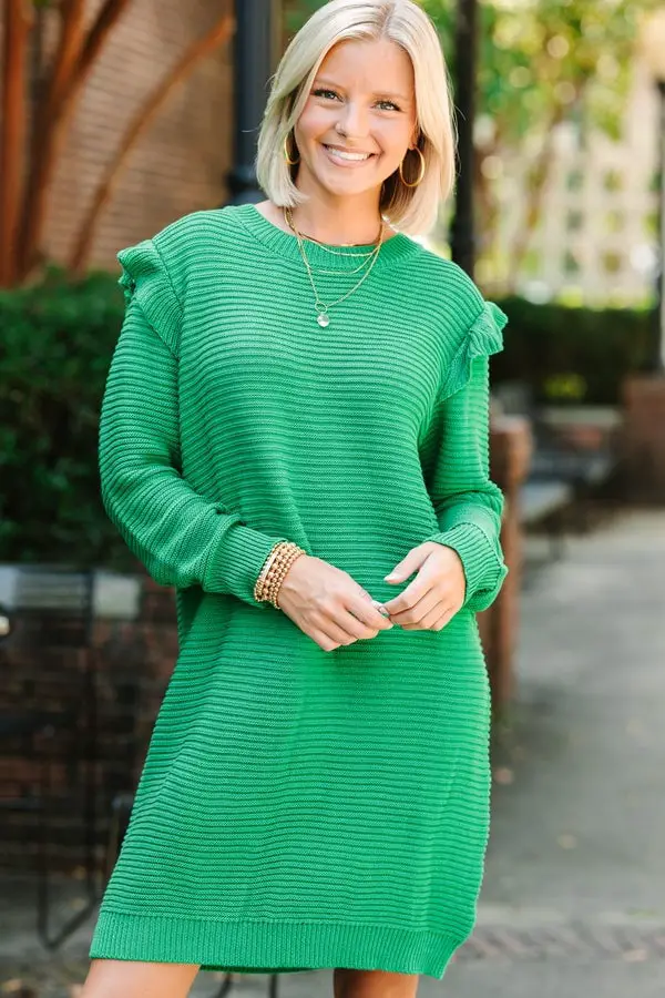Bright Green Textured Knit Sweater Dress with Ruffled Shoulders Bright Green Textured Knit Sweater Dress with Ruffled Shoulders — Trendy Green Sweater Outfit