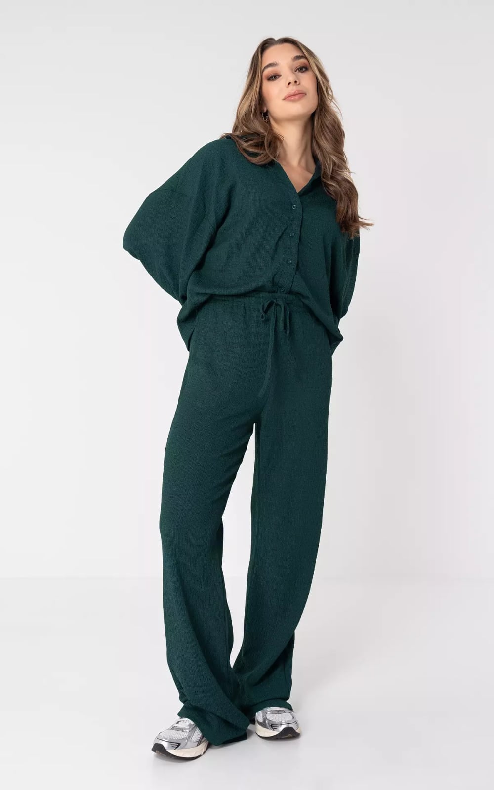 Dark Green Ribbed Knit Set With Button-Up Shirt Dark Green Ribbed Knit Set With Button-Up Shirt — Trendy Green Sweatpants Outfit