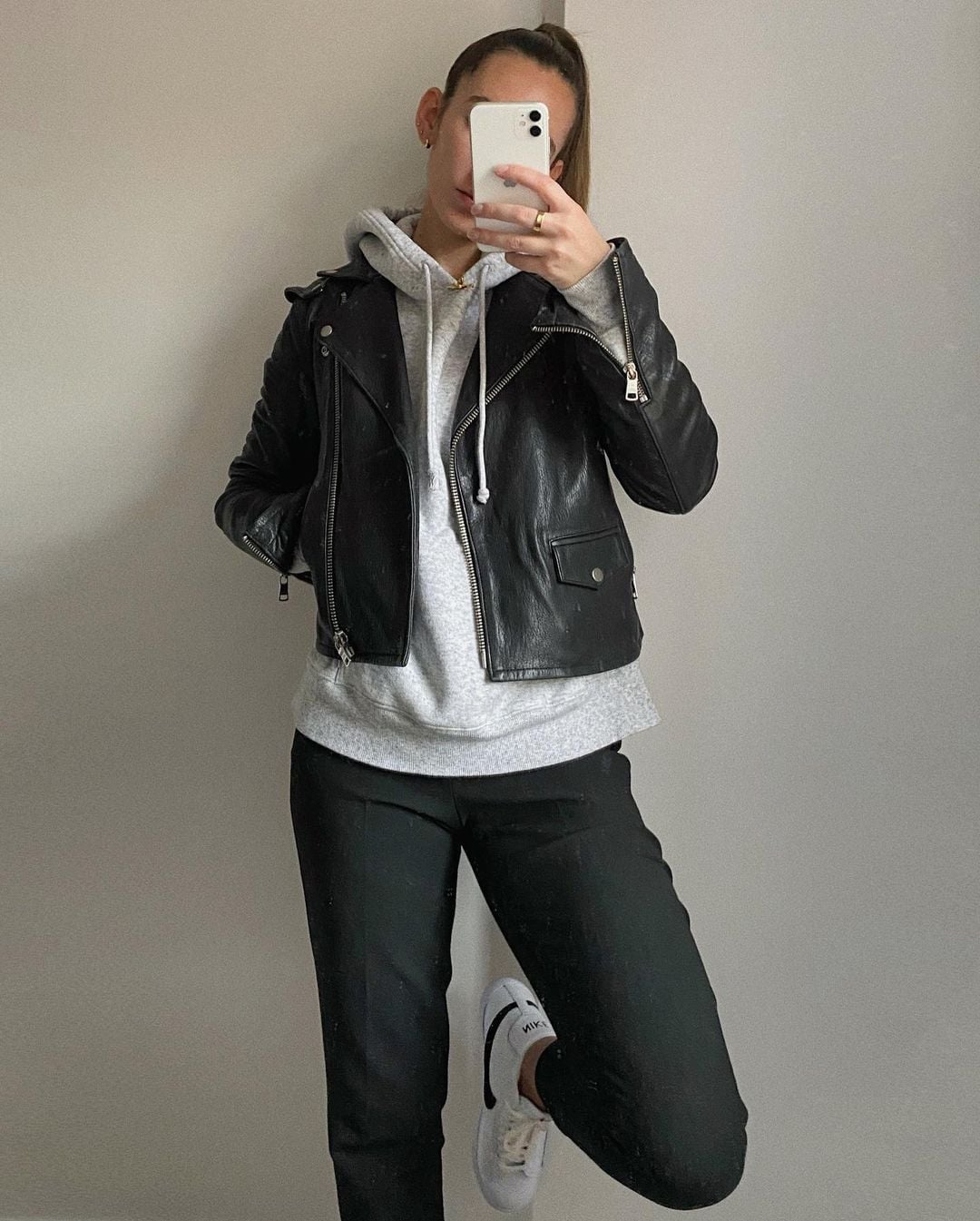 Gray Hoodie Under Black Leather Moto Jacket — Trendy Grey Hoodie Outfit