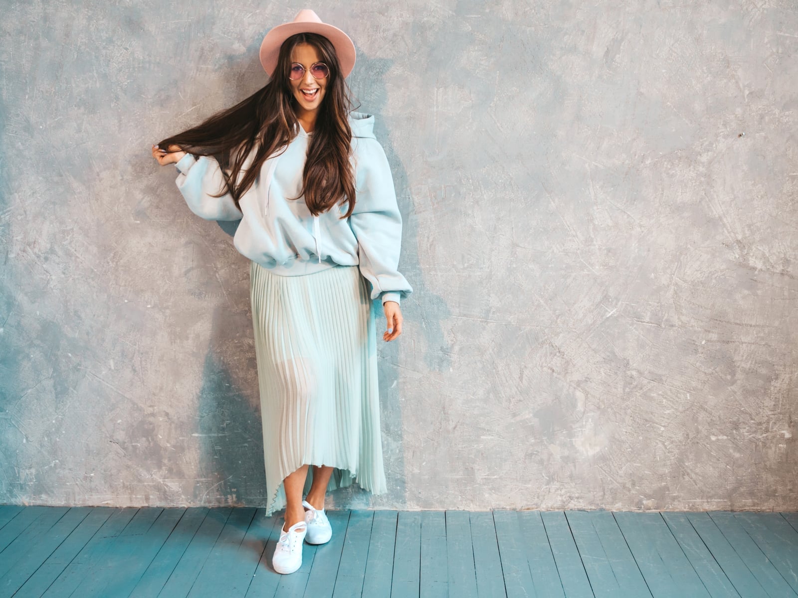 Light Blue Hoodie with Pleated Skirt — Trendy Grey Hoodie Outfit