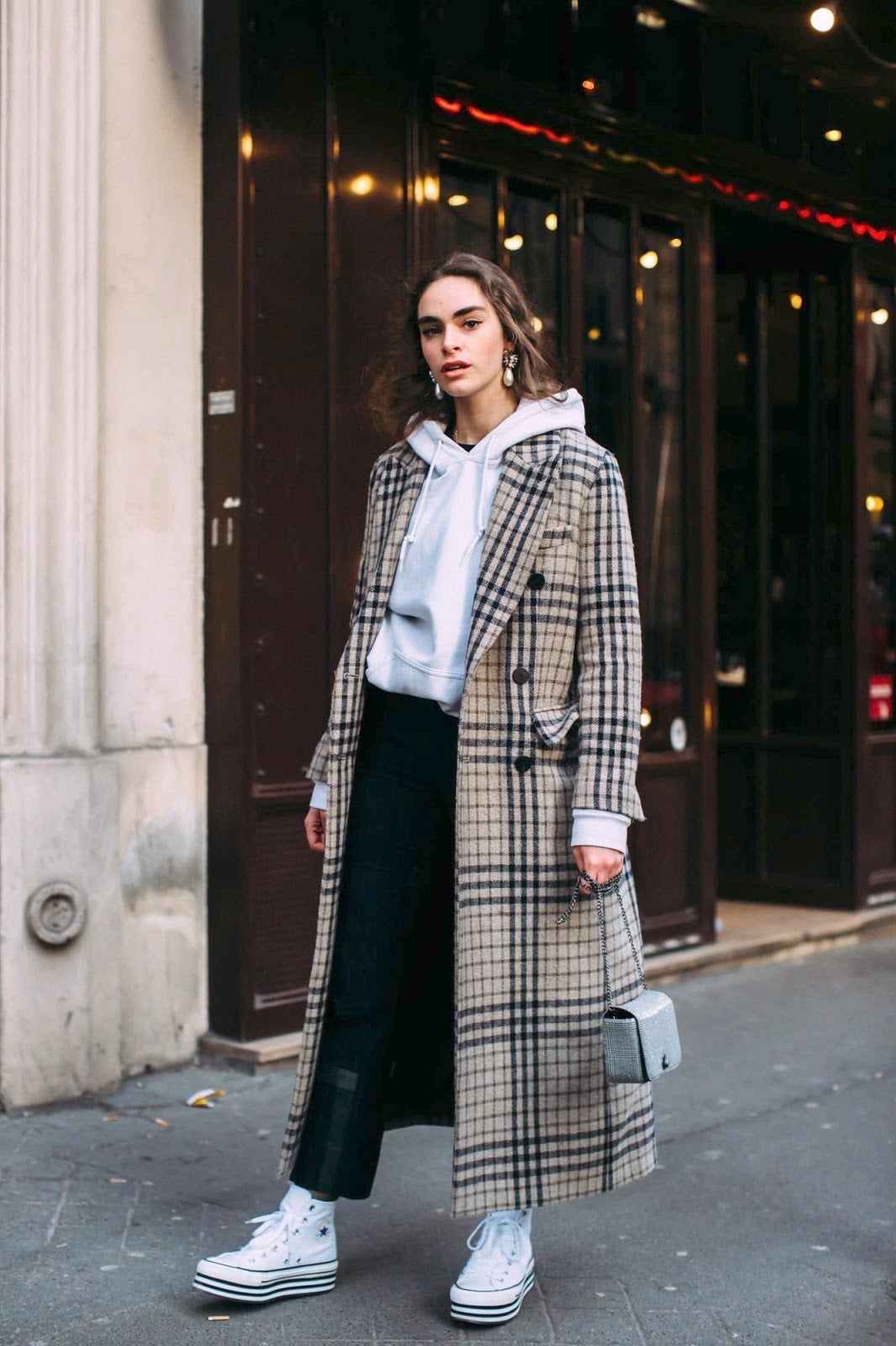 Gray Hoodie Under Plaid Trench Coat with Wide Leg Pants — Trendy Grey Hoodie Outfit