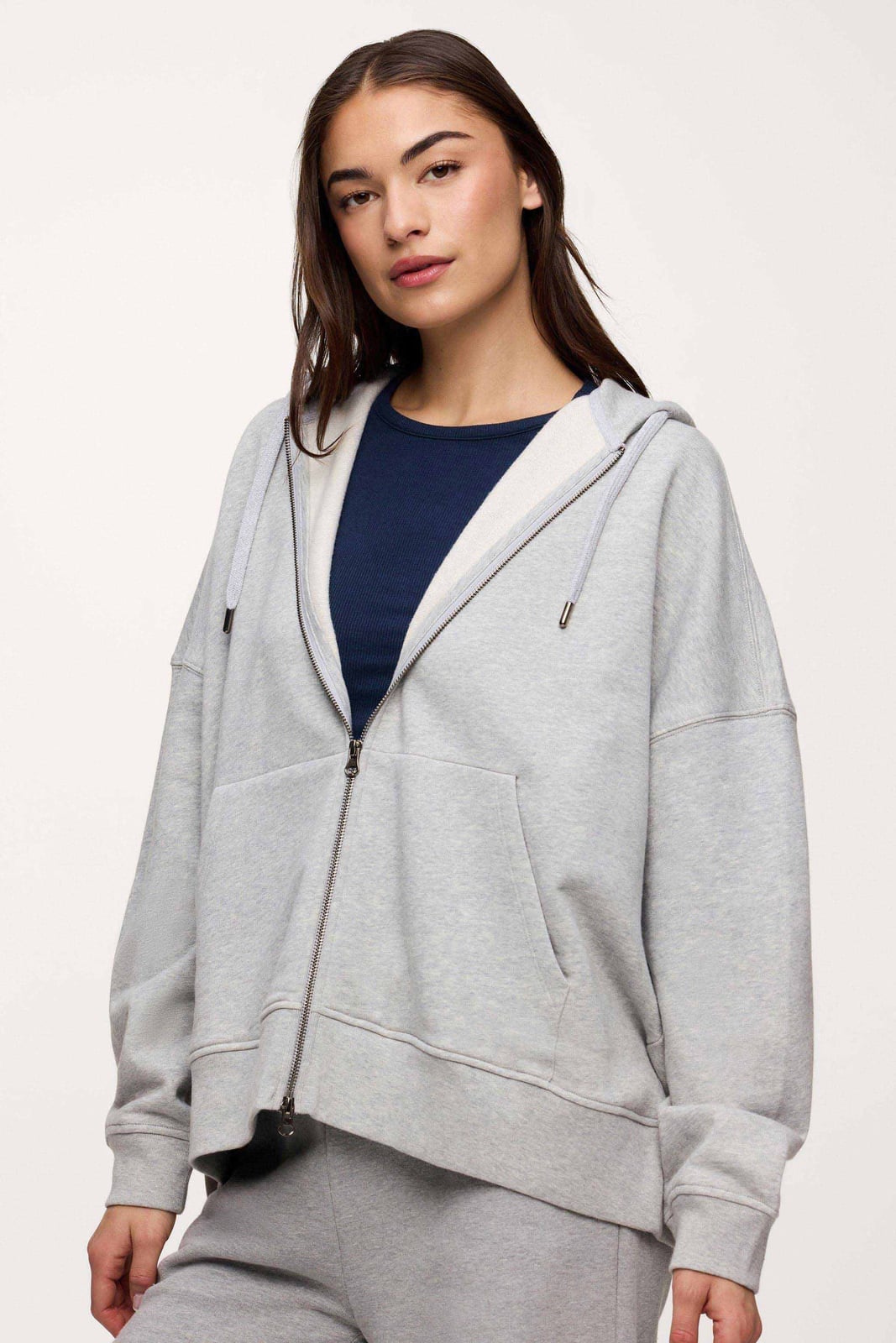 Oversized Gray Zip-Up Hoodie Over Navy T-Shirt, Office-Safe Version — Trendy Grey Hoodie Outfit