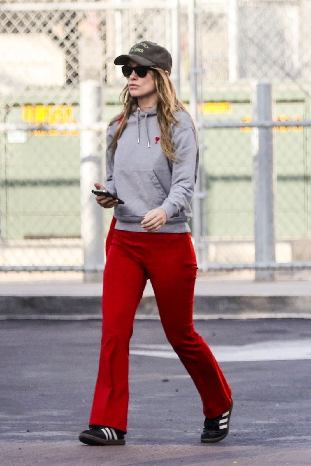 Cropped Gray Hoodie with Red Flared Pants — Trendy Grey Hoodie Outfit