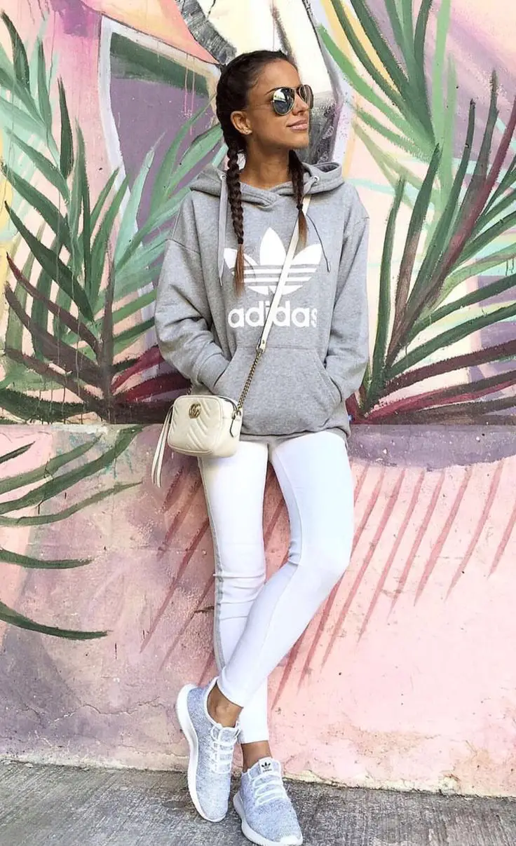 Gray Adidas Hoodie with Skinny Jeans — Trendy Grey Hoodie Outfit