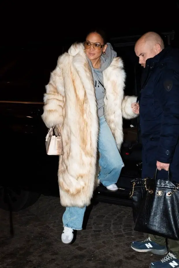 Gray Hoodie Under Cream and Beige Fur Coat — Trendy Grey Hoodie Outfit