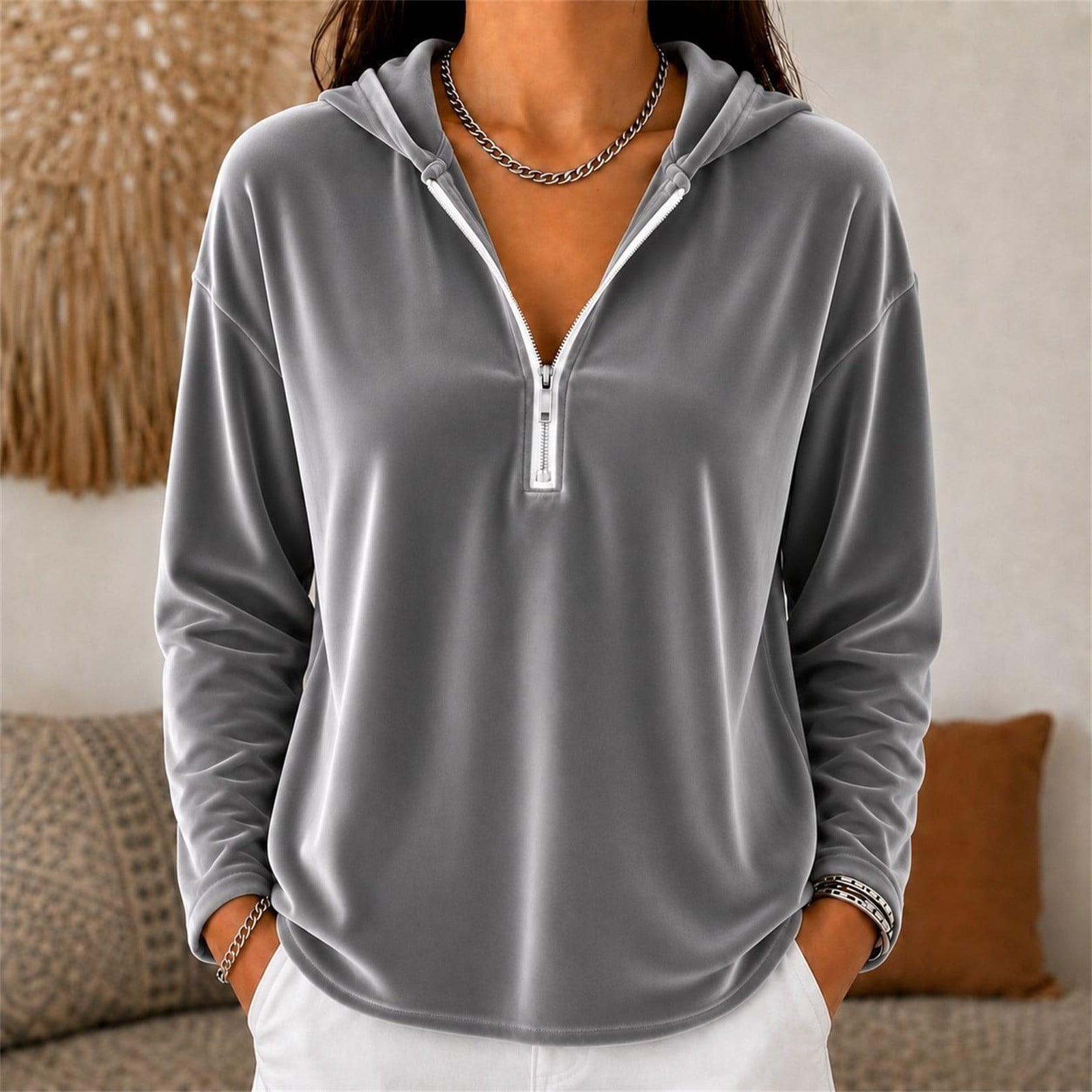 Cropped Gray Velvet Zip-Up Hoodie — Trendy Grey Hoodie Outfit