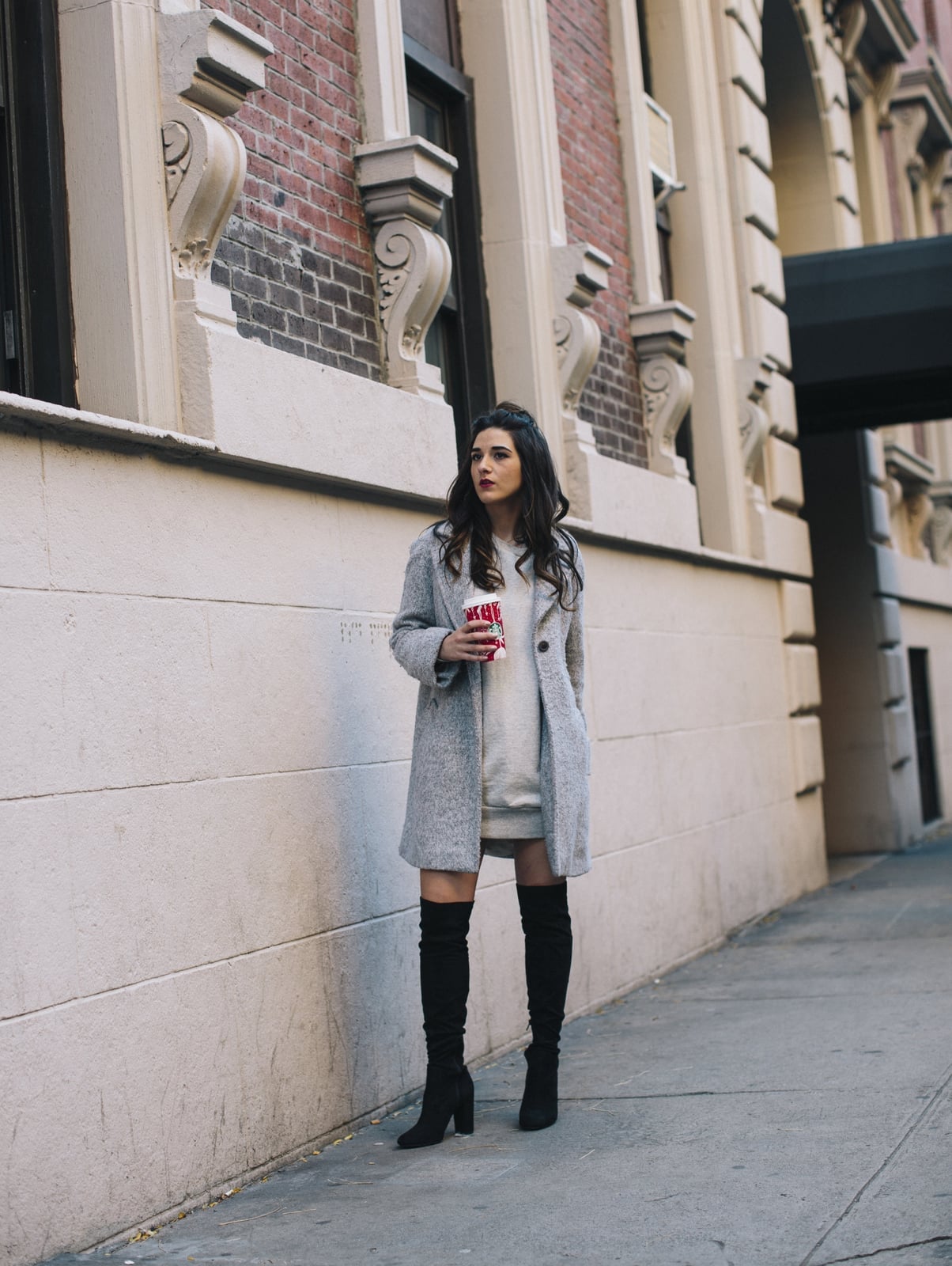 Gray Hooded Dress Under Gray Wool-Blend Coat — Trendy Grey Hoodie Outfit