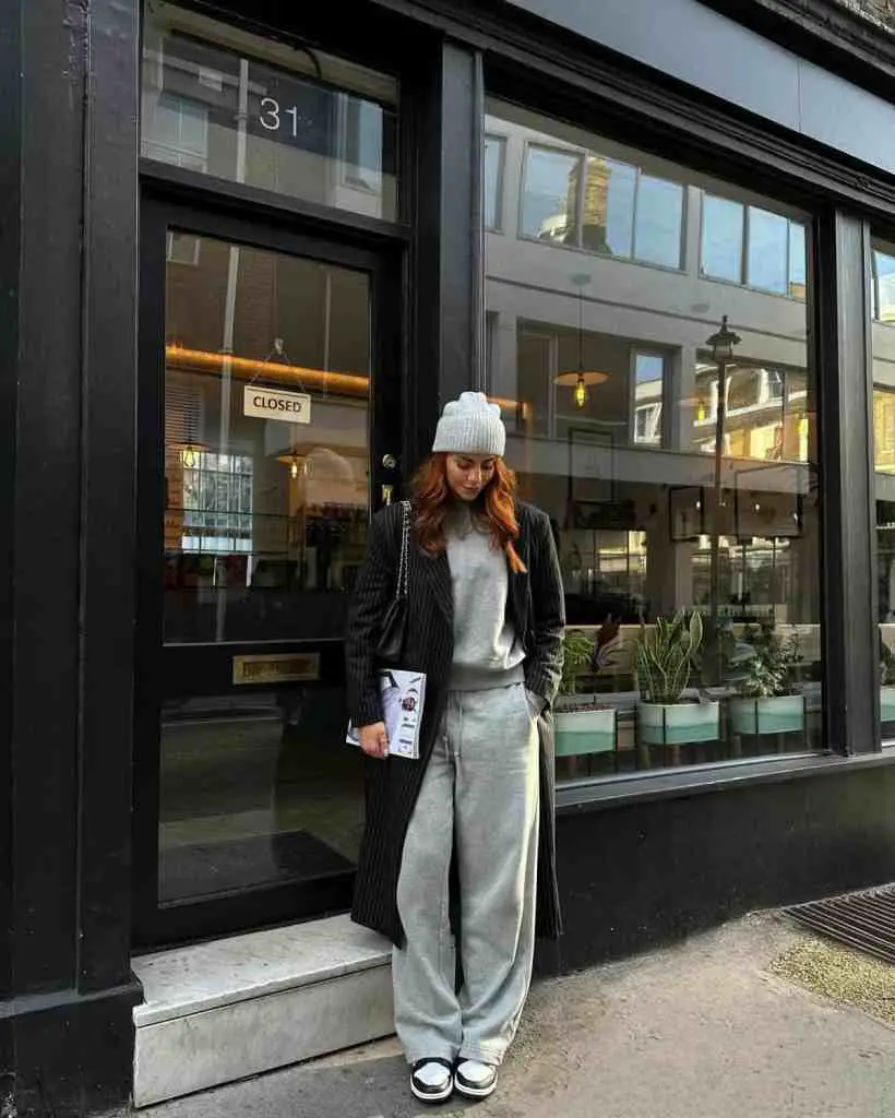 Gray Hoodie and Sweatpants with Pinstripe Coat — Trendy Grey Hoodie Outfit