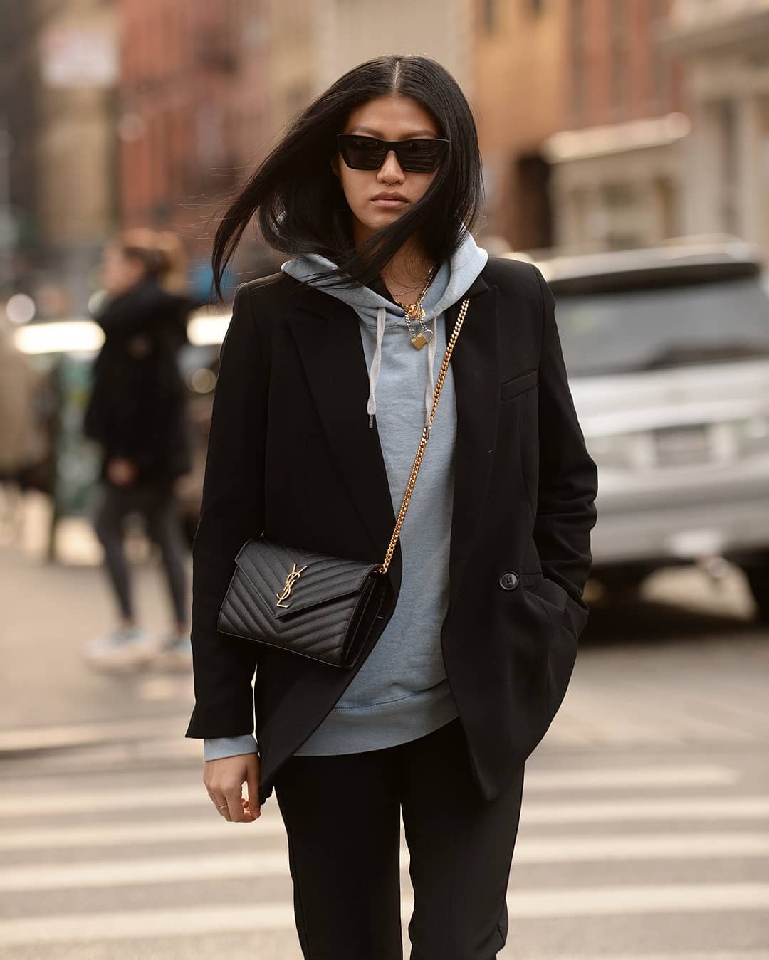 Gray Hoodie Under Fitted Black Blazer — Trendy Grey Hoodie Outfit