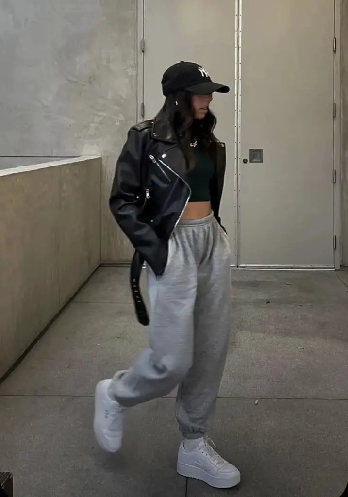 Gray Hoodie with Green Crop Top and Leather Jacket — Trendy Grey Hoodie Outfit
