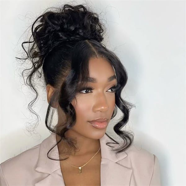 Dark Brown High Bun with Curtain Bangs Dark Brown High Bun with Curtain Bangs — Trendy Hair Up Hairstyles