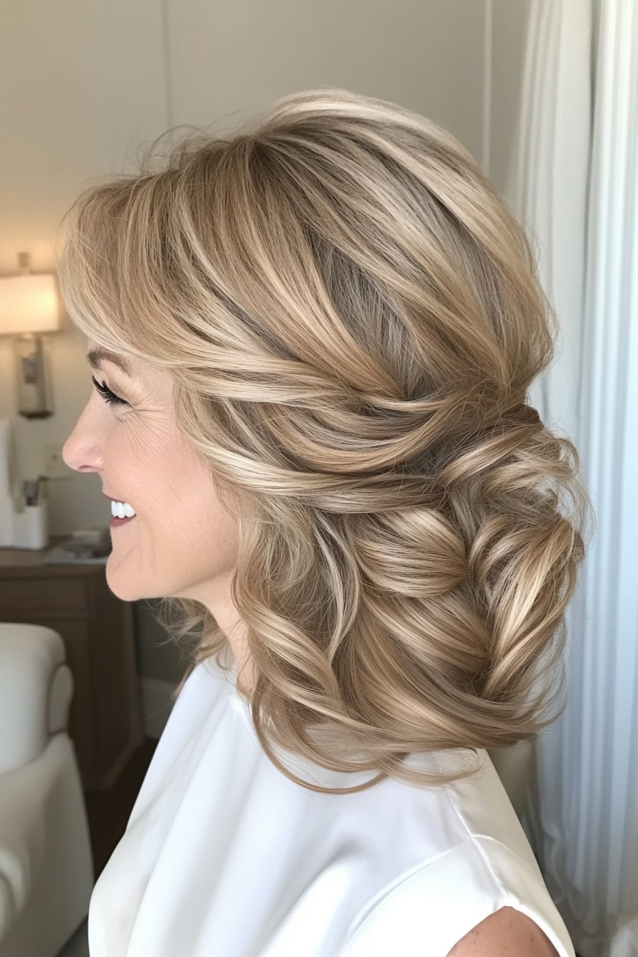 Golden Blonde Updo with Side-Swept Bangs Golden Blonde Updo with Side-Swept Bangs — Trendy Hair Up Hairstyles