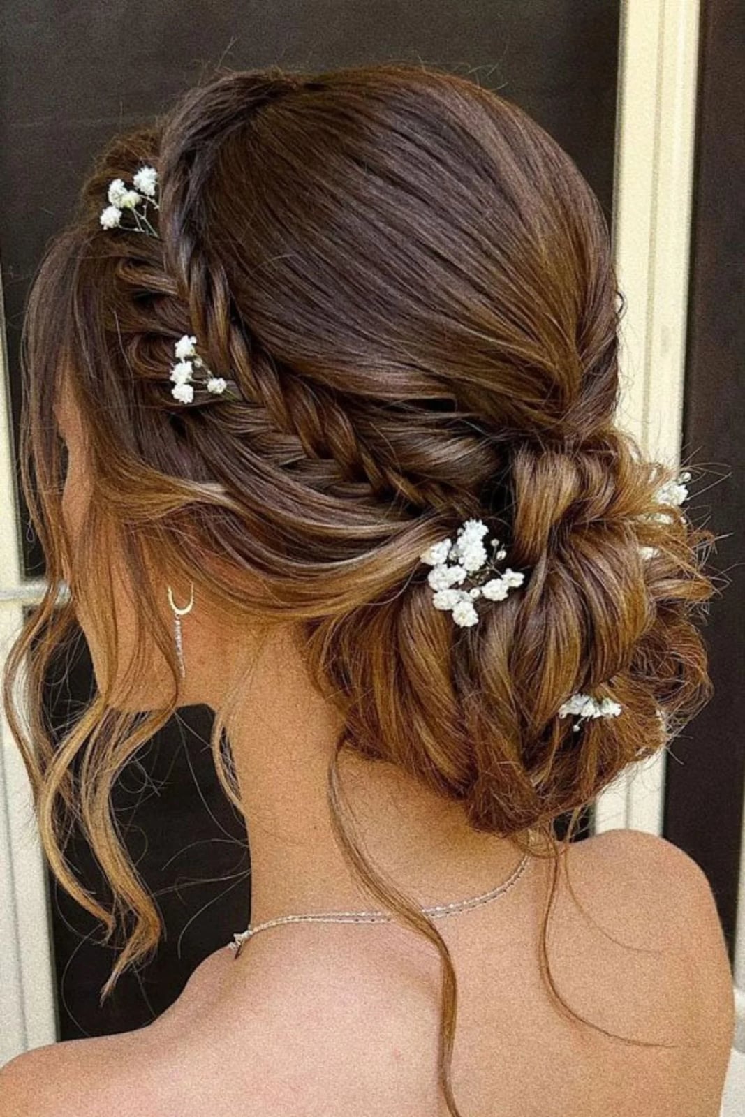 Brown Balayage Braided Updo with Flowers Brown Balayage Braided Updo with Flowers — Trendy Hair Up Hairstyles