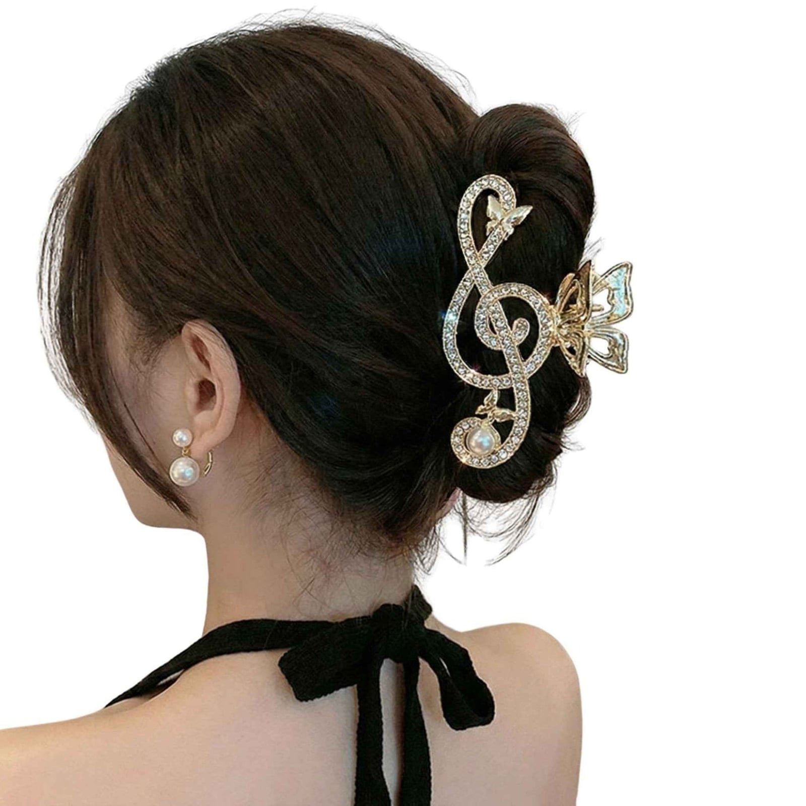 Dark Brown Bun With Rhinestone Treble Clef Clip Dark Brown Bun With Rhinestone Treble Clef Clip — Trendy Hair with Clips