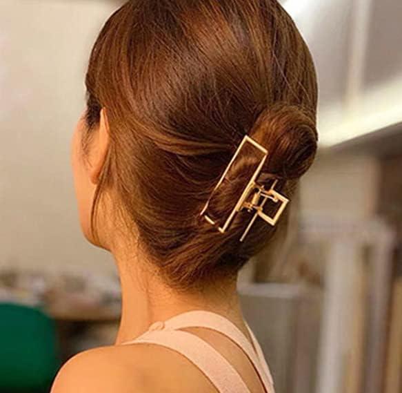 Long Dark Brown Low Bun With Geometric Gold Barrette Long Dark Brown Low Bun With Geometric Gold Barrette — Trendy Hair with Clips