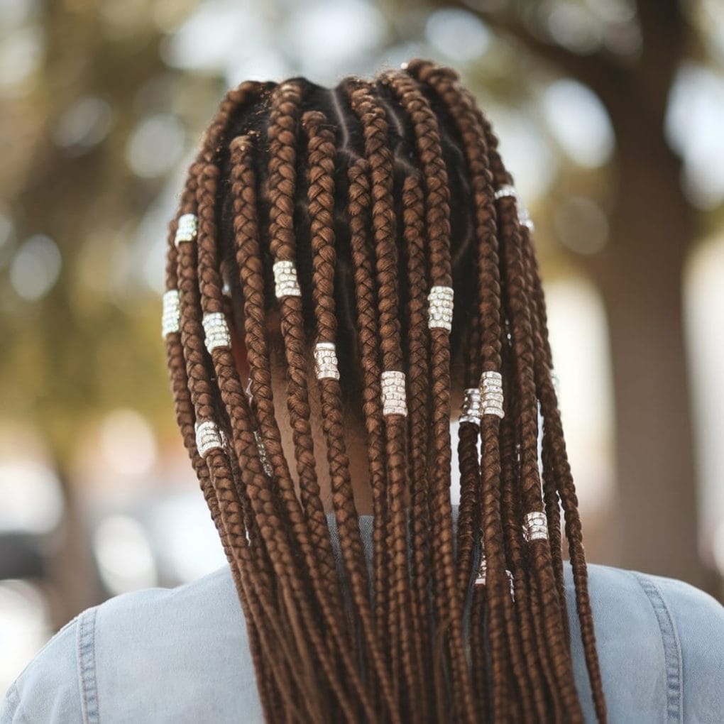 Mid-Back Brown Box Braids with Silver Beads Mid-Back Brown Box Braids with Silver Beads — Trendy Hairstyles for Black Women Braids