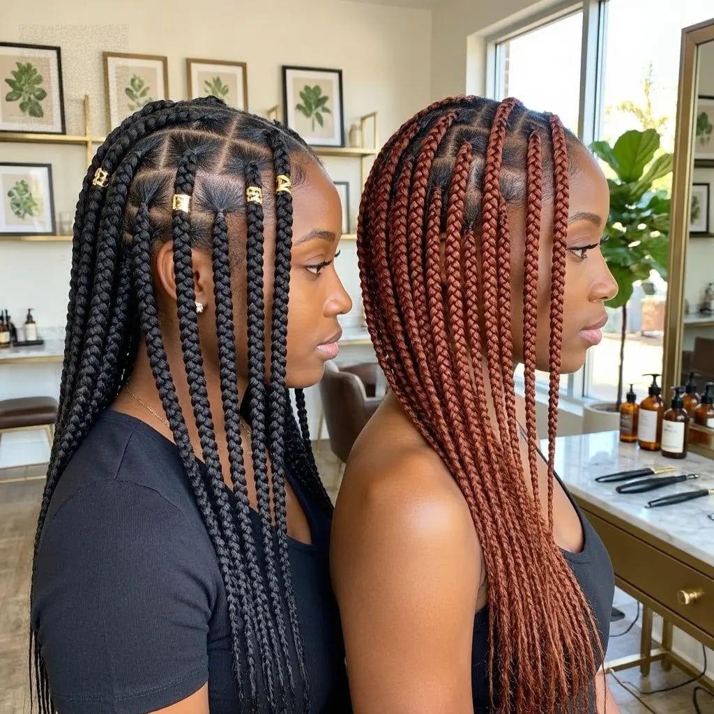 Mid-Back Box Braids with Gold Cuffs and Reddish-Brown Tones Mid-Back Box Braids with Gold Cuffs and Reddish-Brown Tones — Trendy Hairstyles for Black Women Braids