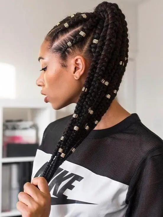 Mid-Back Black Box Braids Ponytail with Gold Beads Mid-Back Black Box Braids Ponytail with Gold Beads — Trendy Hairstyles for Black Women Braids