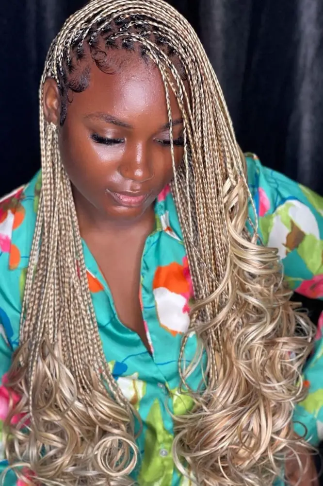 Long Micro Braids with Blonde and Brown Mix and Curly Ends Long Micro Braids with Blonde and Brown Mix and Curly Ends — Trendy Hairstyles for Black Women Braids