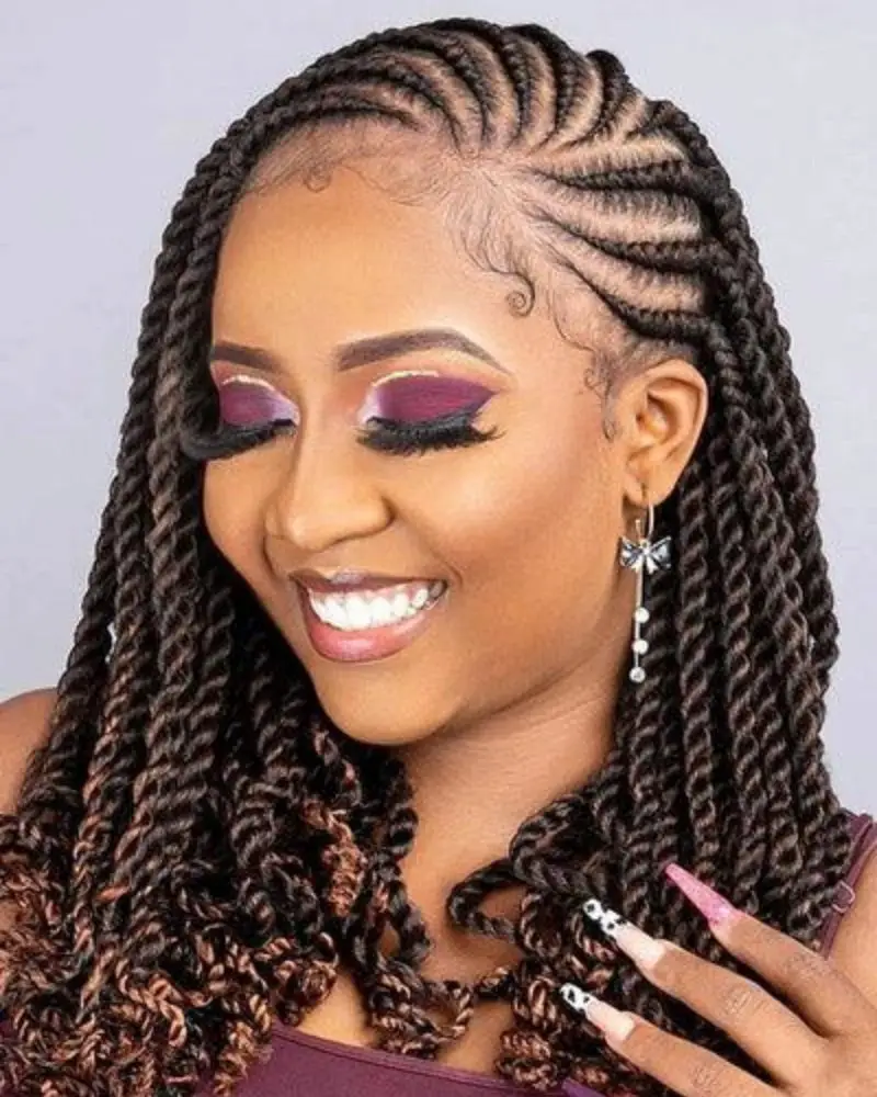 Mid-Back Cornrows to Dark Brown Twists with Wavy Ends, Middle Mid-Back Cornrows to Dark Brown Twists with Wavy Ends, Middle — Trendy Hairstyles for Black Women Braids