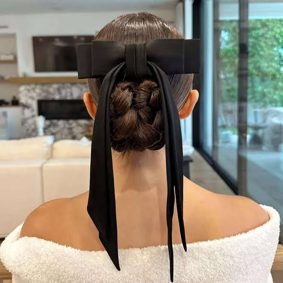 Dark Brown Updo With Oversized Black Bow Dark Brown Updo With Oversized Black Bow — Trendy Hairstyles for School