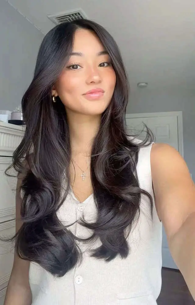 Dark Brown Layered Cut With Side-Swept Bangs Dark Brown Layered Cut With Side-Swept Bangs — Trendy Hairstyles for School