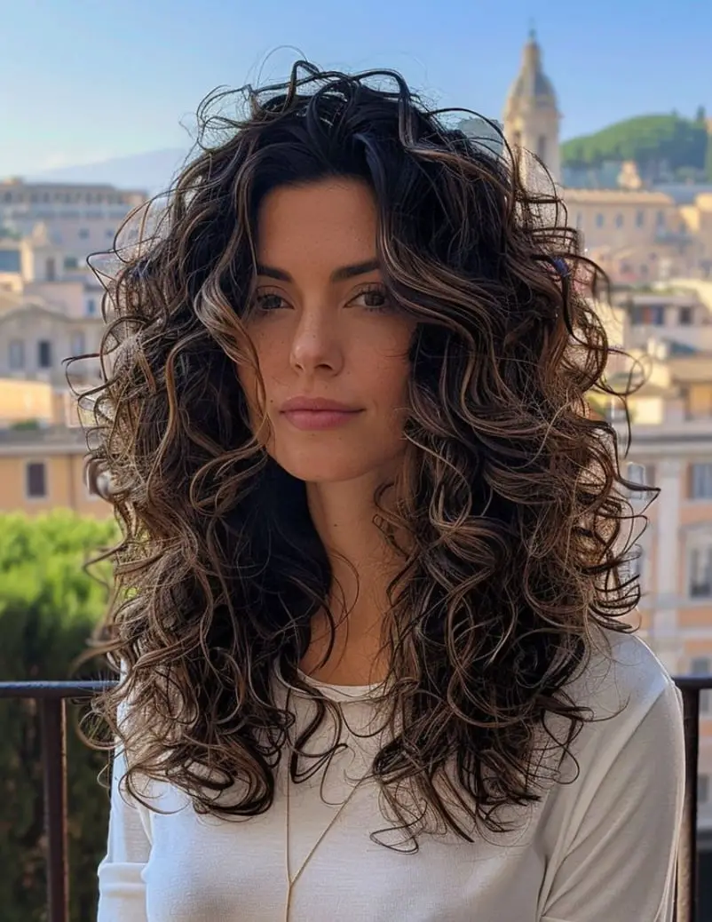 Mid-Back Curly Dark Brown With Caramel Highlights Mid-Back Curly Dark Brown With Caramel Highlights — Trendy Hairstyles for School