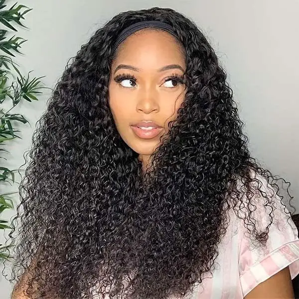 Long Kinky Curly With Simple Black Headband — Trendy Headband Wig