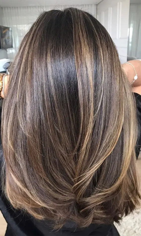 Dark Brown With Honey Blonde Highlights, Reaching Mid-Back Dark Brown With Honey Blonde Highlights, Reaching Mid-Back — Trendy Highlighting Hair