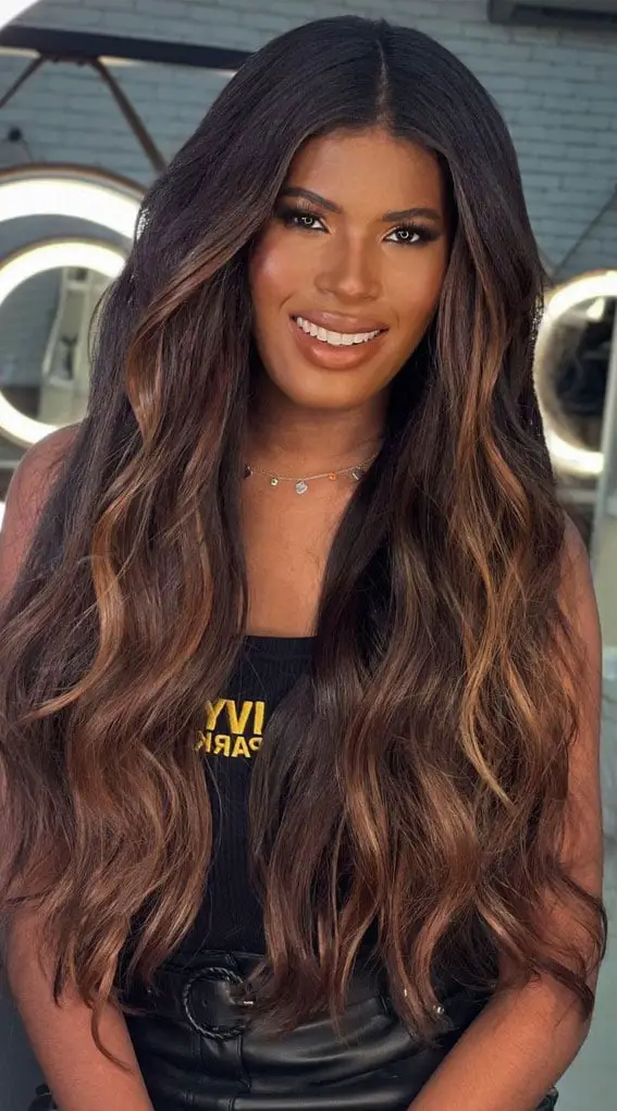 Chocolate Brown Lob With Caramel Tones Chocolate Brown Lob With Caramel Tones — Trendy Highlighting Hair