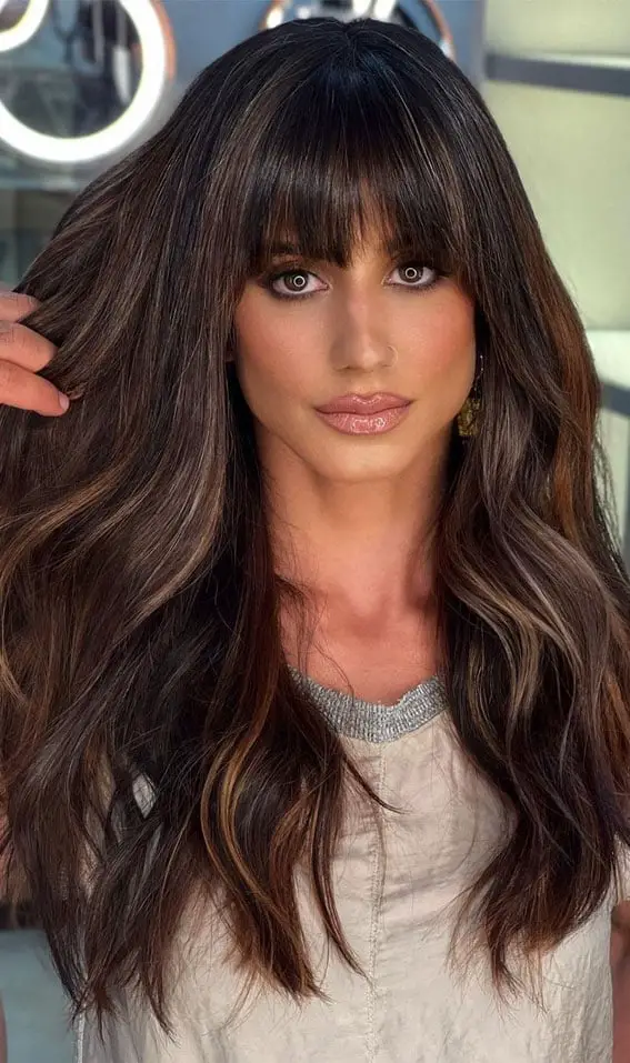 Full Bangs With Face-Framing Highlights Long Hair Full Bangs With Face-Framing Highlights Long Hair — Trendy Highlighting Hair