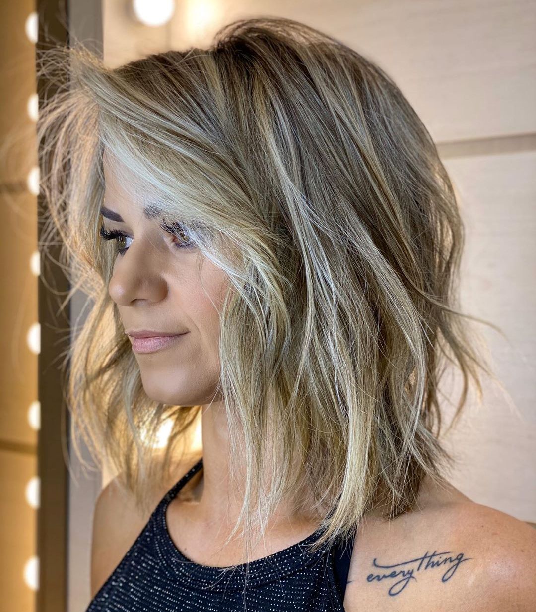 Textured Chin Length Bob With Curtain Bangs Textured Chin Length Bob With Curtain Bangs — Trendy Highlighting Hair