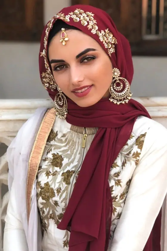 Maroon Hijab With Embellished White Top — Trendy Hijab Outfits
