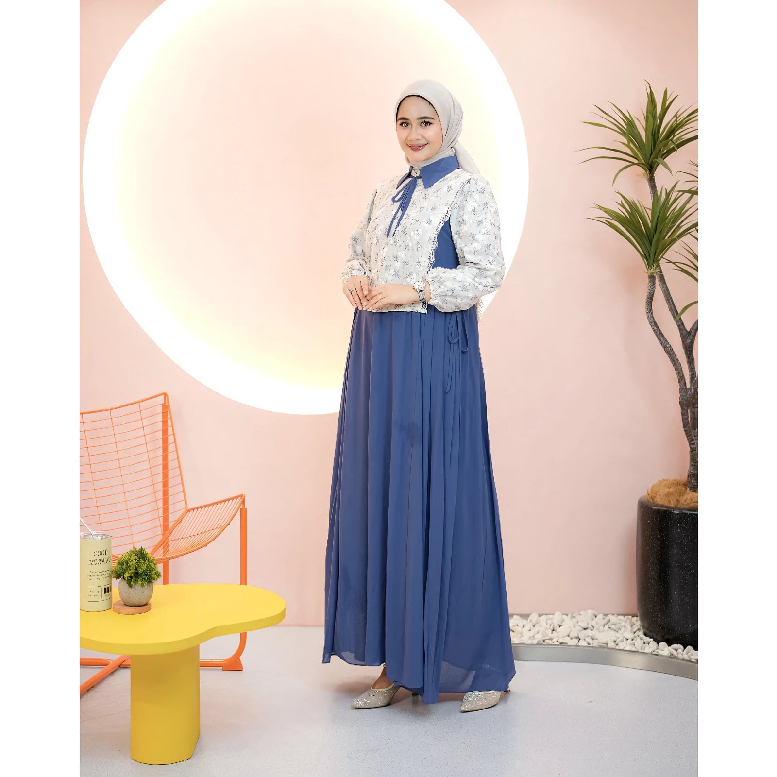 Blue Maxi Dress Over Printed Top — Trendy Hijab Outfits