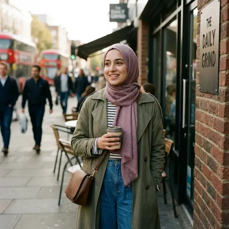Green Trench Coat Over Striped Tee — Trendy Hijab Outfits