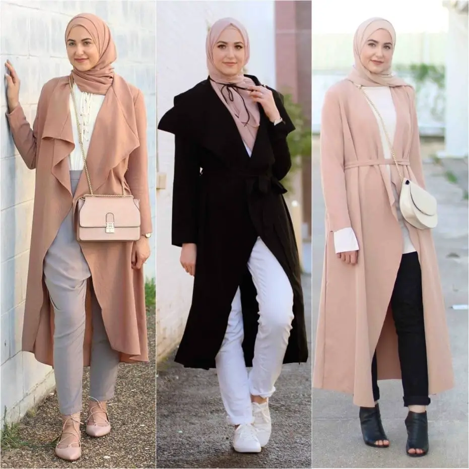 Blush Pink Cardigan Over Gray Trousers — Trendy Hijab Outfits