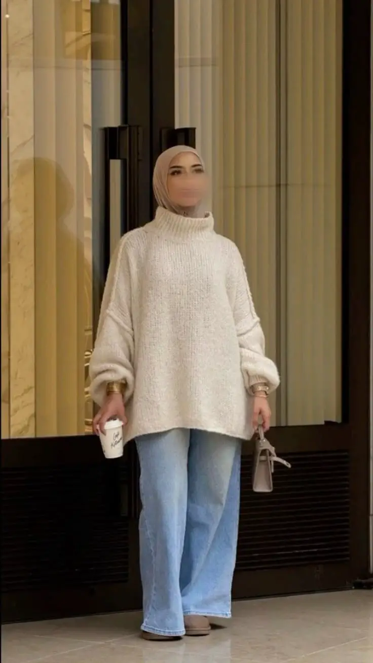 Cream Chunky Knit Sweater With Wide Leg Jeans — Trendy Hijab Outfits