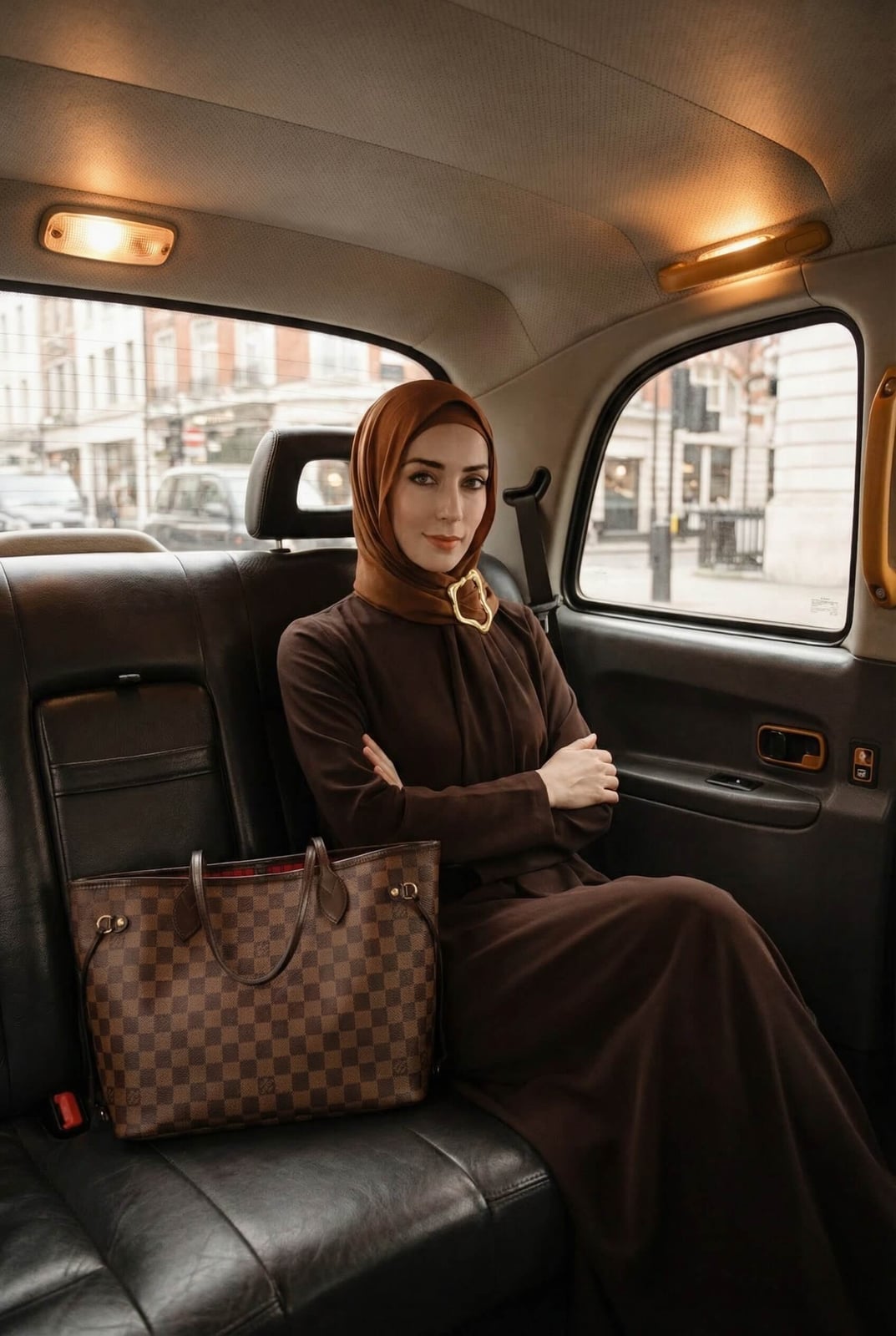 Brown Long Sleeve Dress With Gold Brooch — Trendy Hijab Outfits