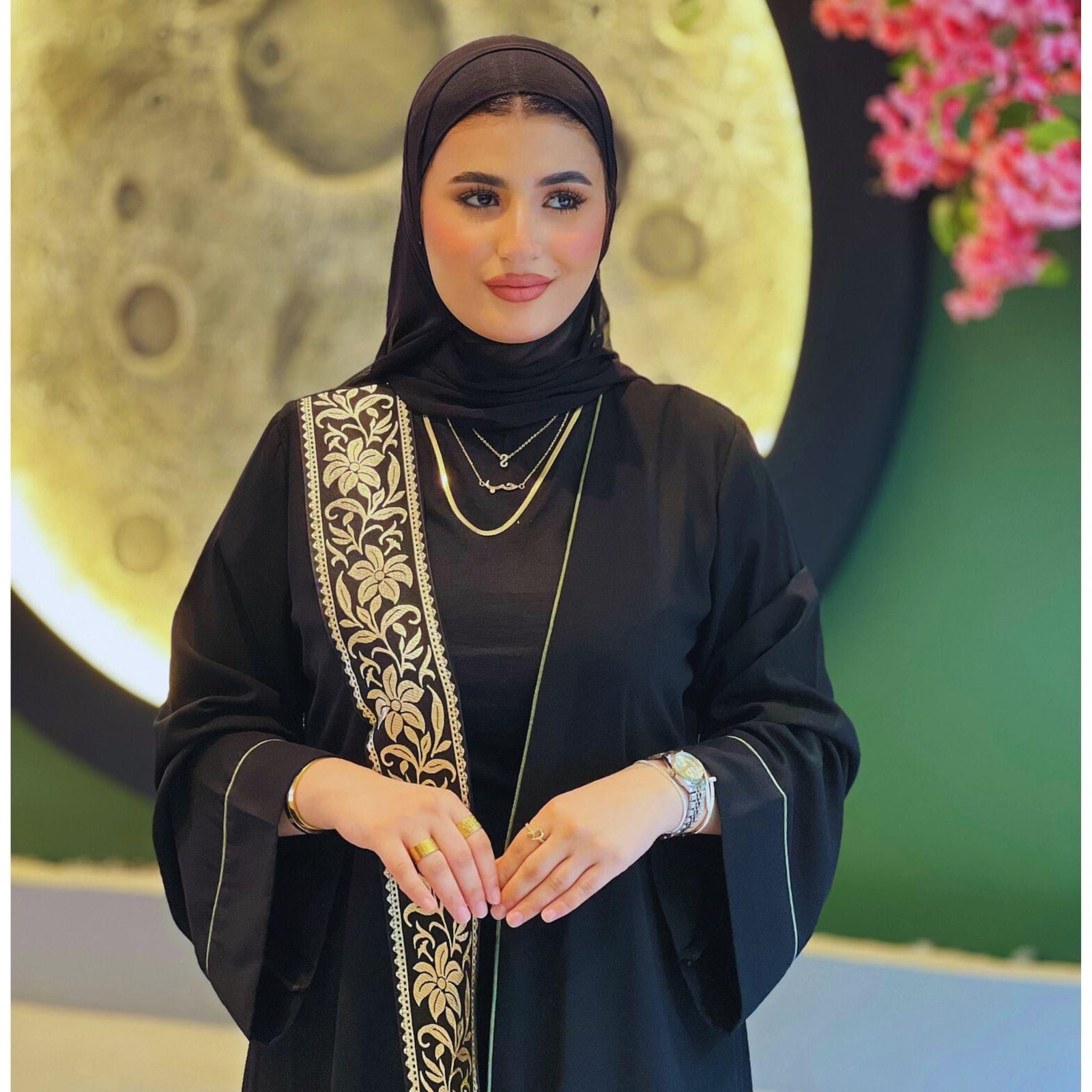 Black Abaya With Gold Floral Embroidery, Close-Up Take — Trendy Hijab Outfits
