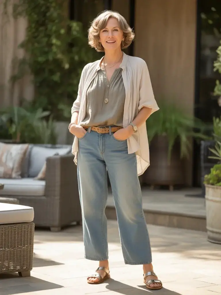 Olive Green Top with Wide-Leg Cropped Jeans Olive Green Top with Wide-Leg Cropped Jeans — Trendy Hippie Outfits