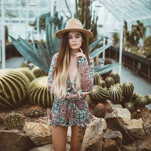 Floral Print Romper with Wide-Brimmed Hat Floral Print Romper with Wide-Brimmed Hat — Trendy Hippie Outfits