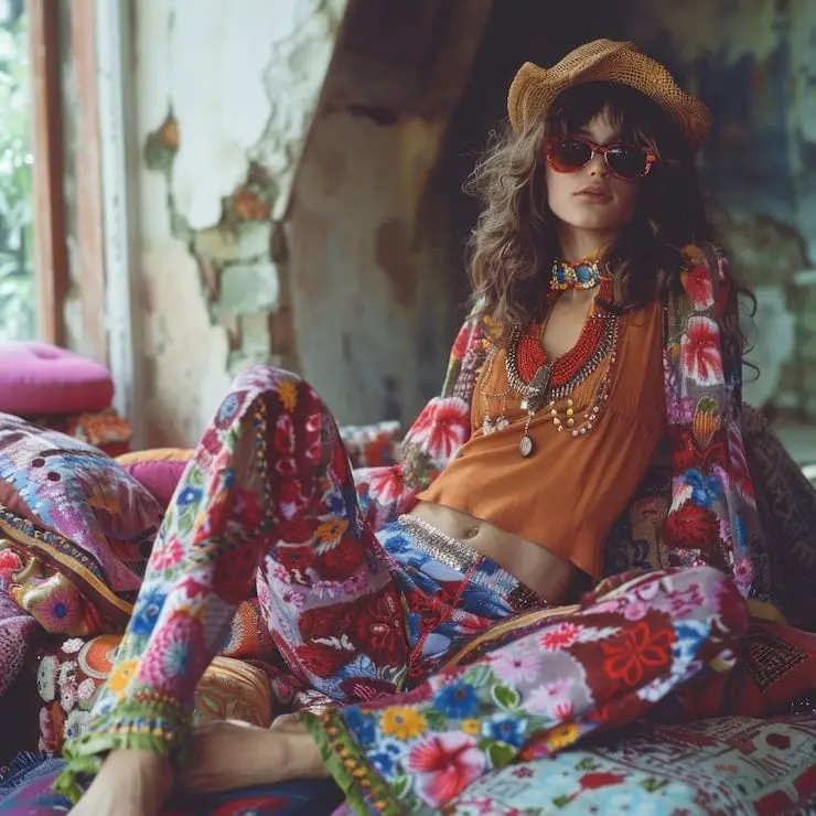 Multi-Patterned Bell Bottoms and Fringe Accents Multi-Patterned Bell Bottoms and Fringe Accents — Trendy Hippie Outfits