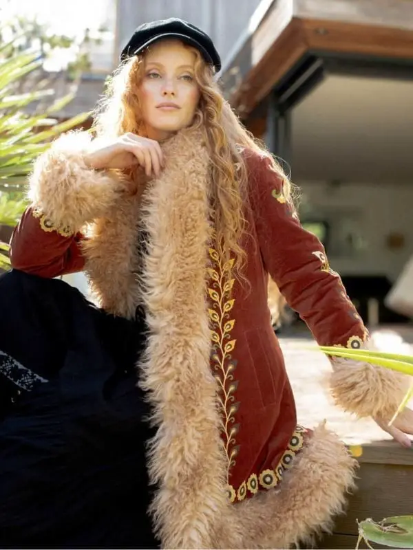 Embroidered Velvet Coat with Faux Fur Trim Embroidered Velvet Coat with Faux Fur Trim — Trendy Hippie Outfits