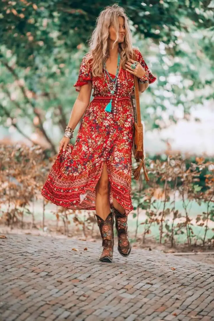 Floral Wrap Dress with Embroidered Boots Floral Wrap Dress with Embroidered Boots — Trendy Hippie Outfits