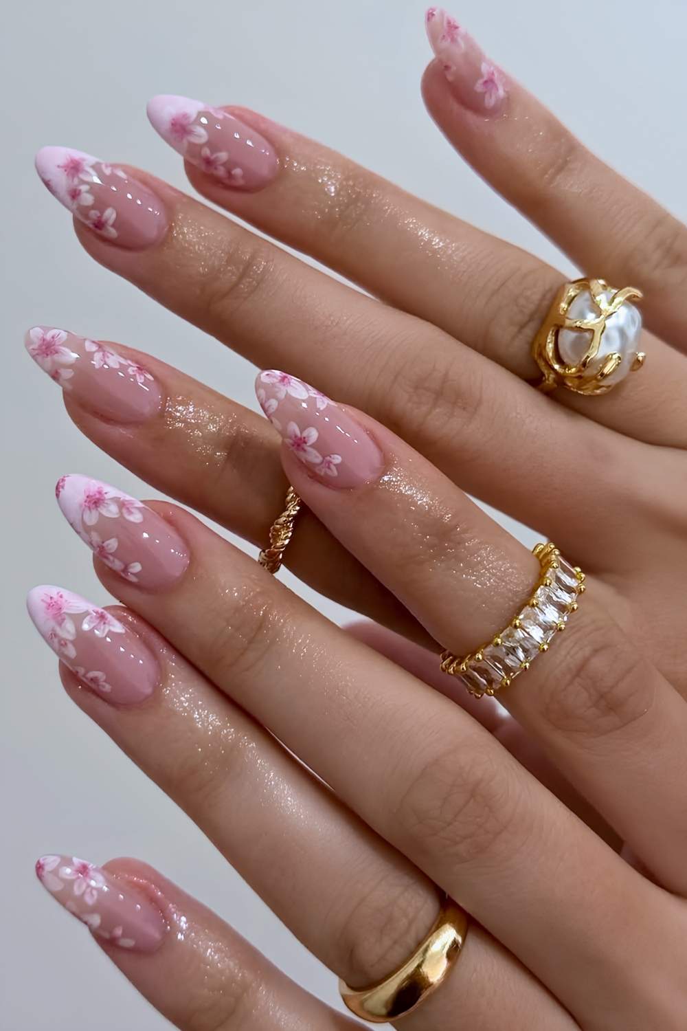 Sheer Pink French Floral Almond Nails Sheer Pink French Floral Almond Nails — Trendy Japanese Nails