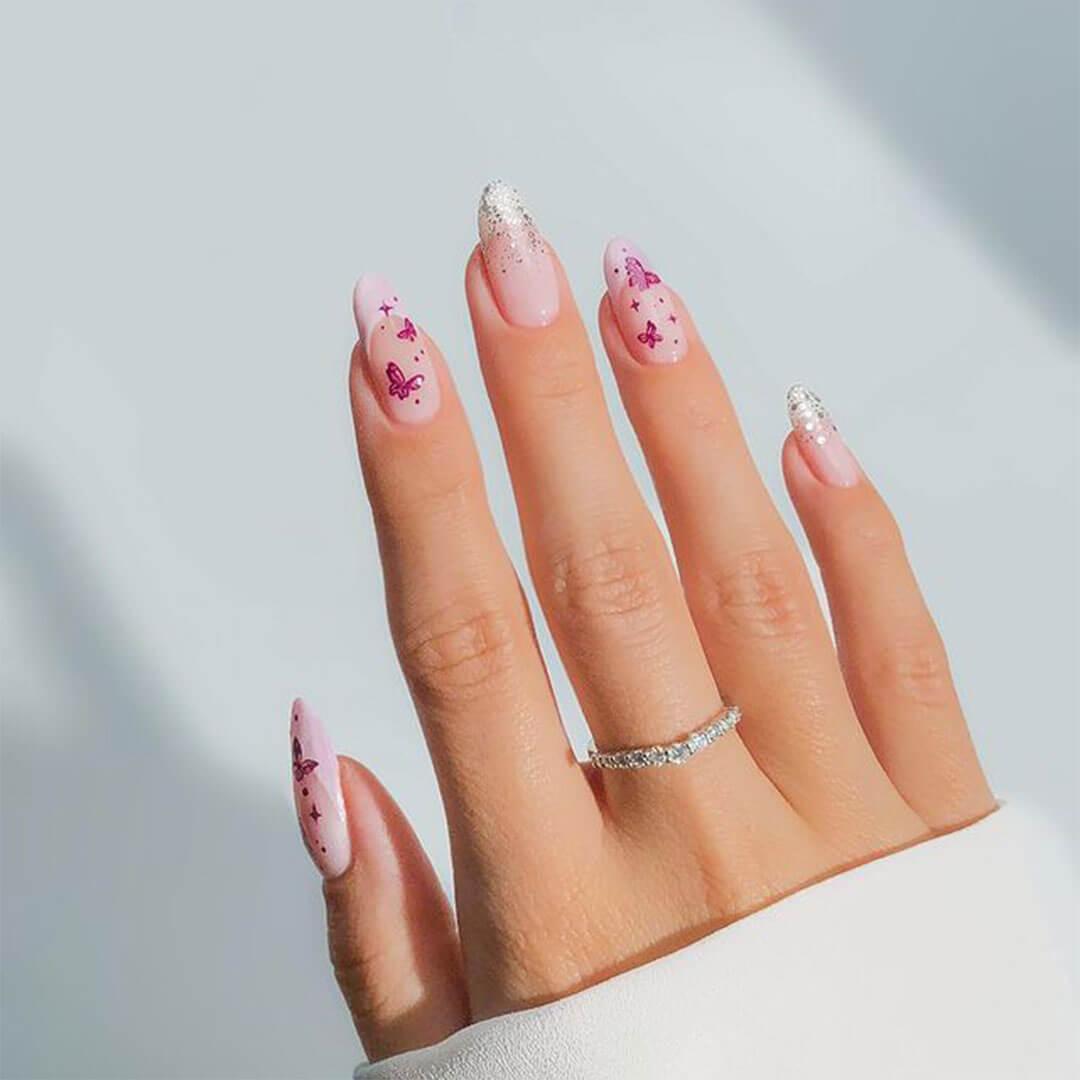 Pale Pink Butterfly Glitter Gradient Almond Nails Pale Pink Butterfly Glitter Gradient Almond Nails — Trendy Japanese Nails