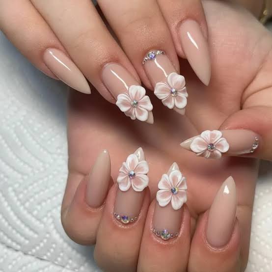 Nude 3D Floral Pearl Stiletto Nails Nude 3D Floral Pearl Stiletto Nails — Trendy Japanese Nails