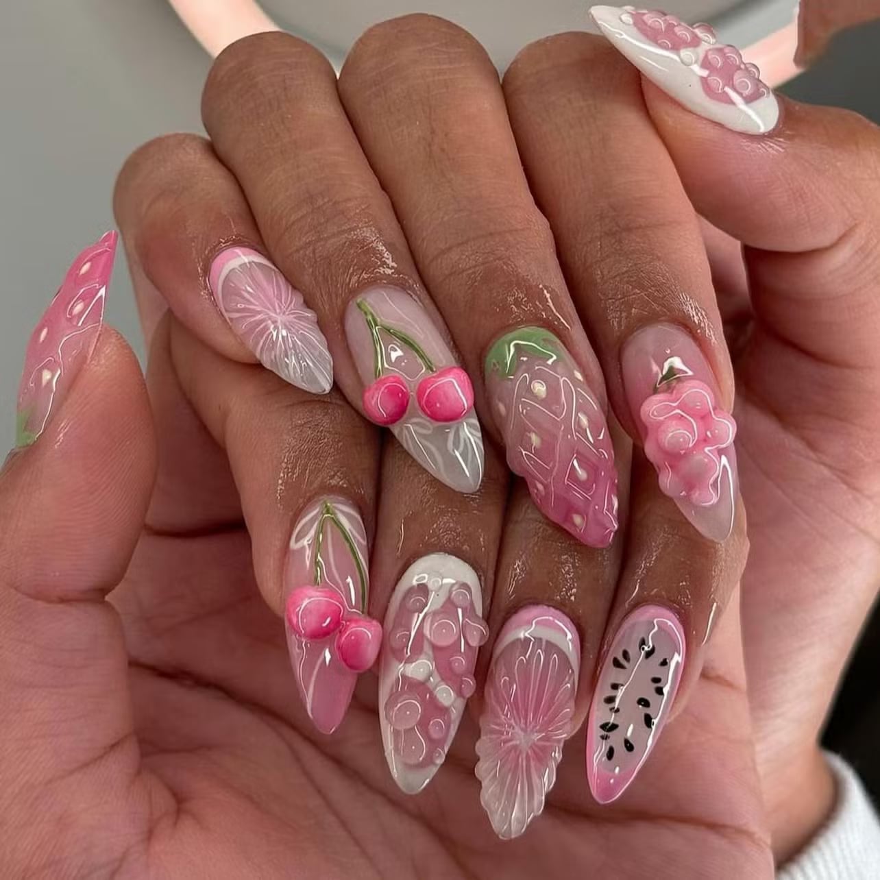 Jelly 3D Fruit Charm Stiletto Nails Jelly 3D Fruit Charm Stiletto Nails — Trendy Japanese Nails