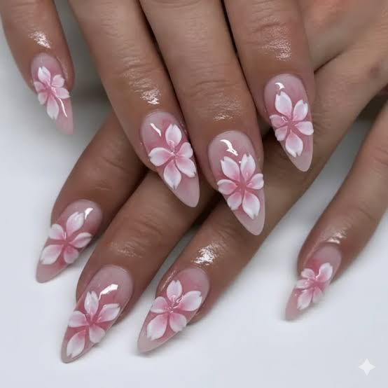 Glossy Pink Sakura 3D Almond Nails Glossy Pink Sakura 3D Almond Nails — Trendy Japanese Nails