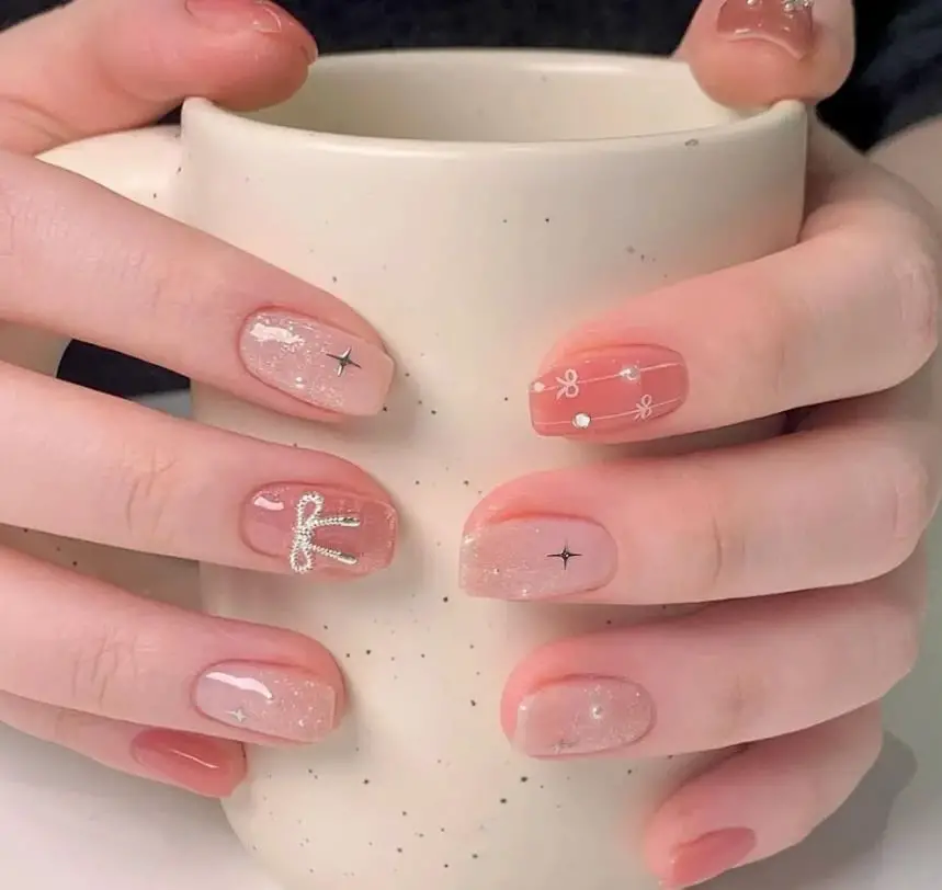 Short Square Pink Peach Bow Star Nails Short Square Pink Peach Bow Star Nails — Trendy Japanese Nails